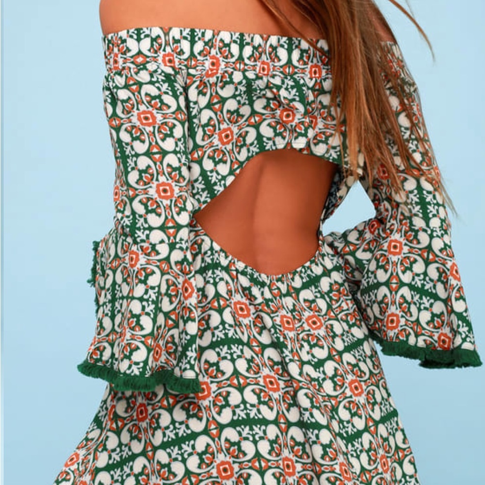 Lulus Wanderlust For Life Green Print Off-The-Shoulder Mini Dress - Picture 3 of 5